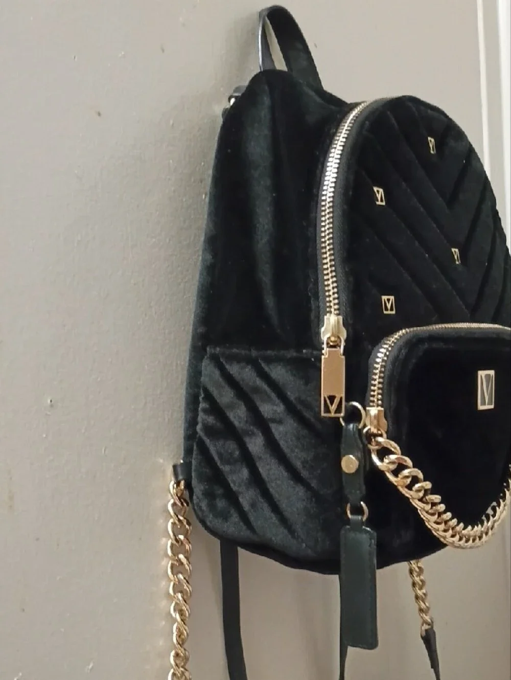 Victoria's Secret Black Velvet Women’s Backpack with Gold Chain Accent